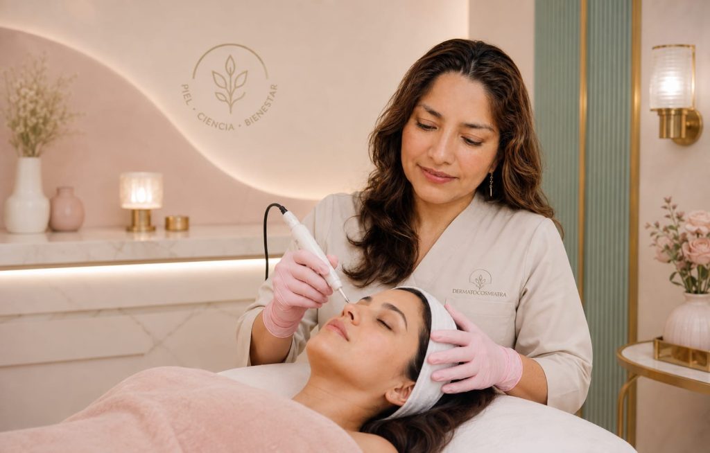 Electrólisis Sandra Franco Dermatocosmiatra, realizando un tratamiento de electrólisis facial.